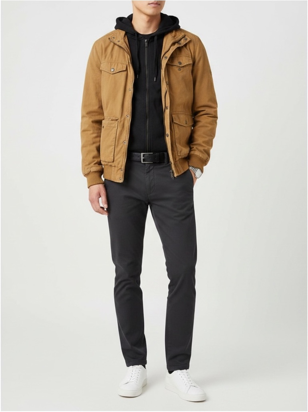 West 49 Layered Tan Field Jacket with Black Zip Hoodie Size L 29x24